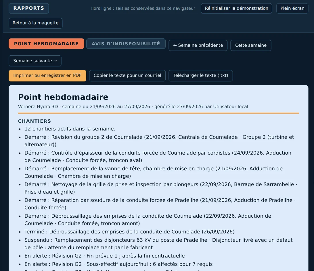 Point hebdomadaire généré : chantiers démarrés, terminés, alertes et impact sur l'exploitation